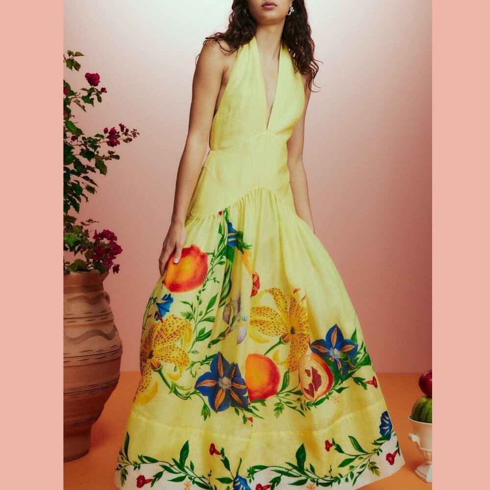 Women Halter Midi Dress Size L Deep Neckline Sleeveles Floral Yellow Lemon Linen